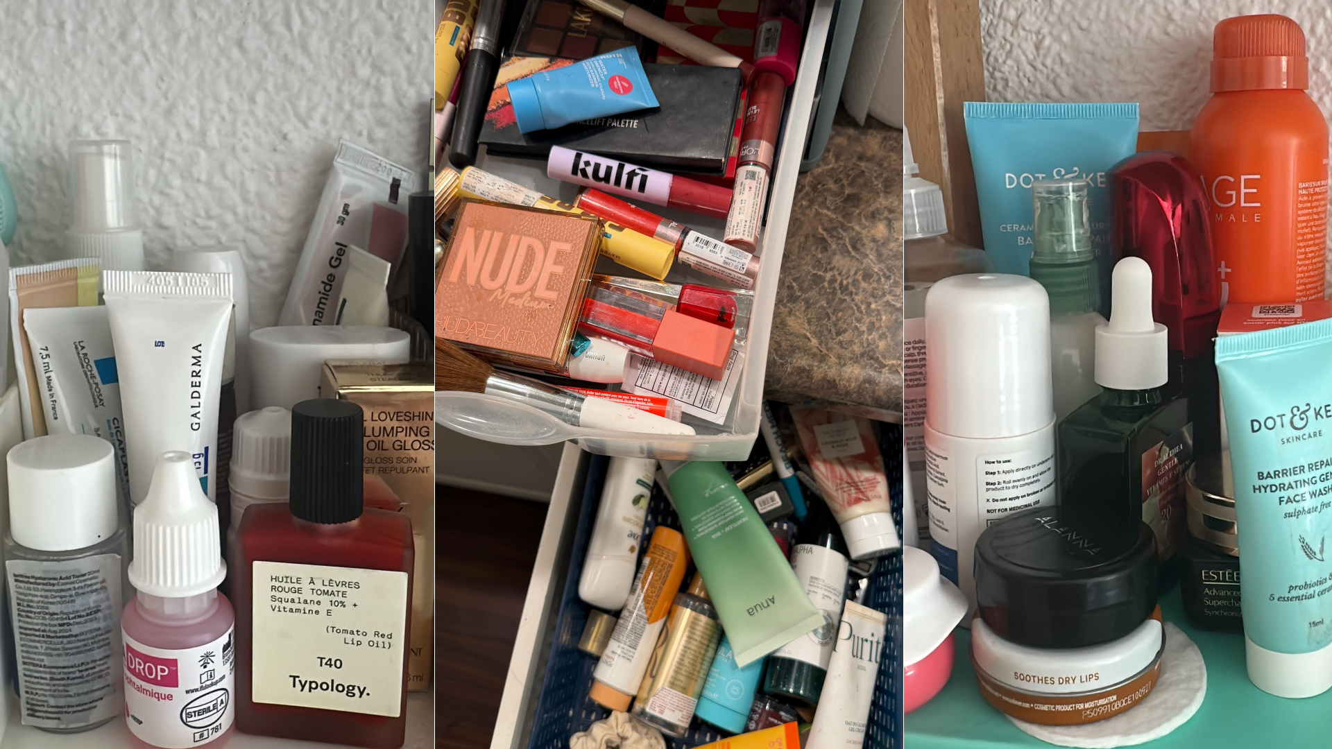 A drawer overflowing with beauty products